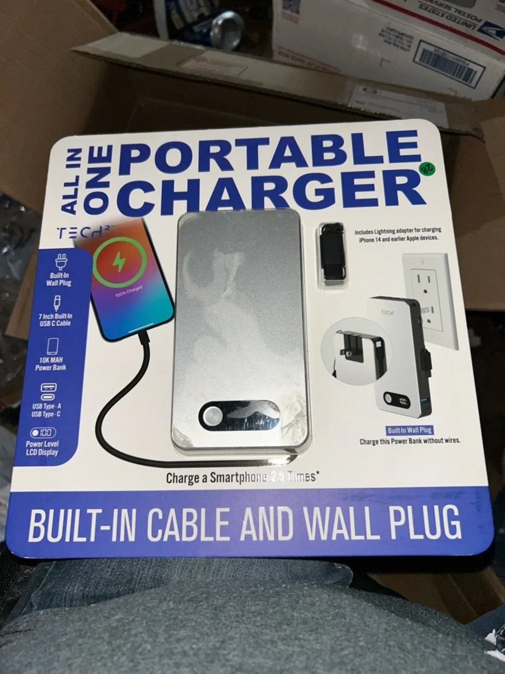 Portable Charger Power Bank with Built-In Cable and Wall Plug - Silver